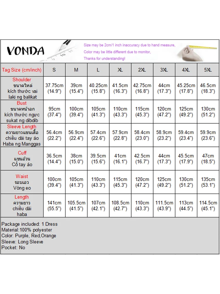 เดรสยาววินเทจ VONDA ไซส์ใหญ่พิเศษ 5XL สำหรับผู้หญิง ลายโบฮีเมียน สำหรับงานปาร์ตี้ แขนยาว มีกระเป๋า เหมาะสำหรับฤดูใบไม้ร่วง สไตล์ลำลอง