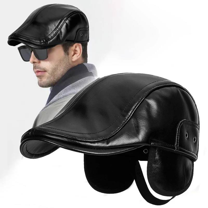 Autumn/Winter PU Leather Retro Forward Hat, Warm, Middle aged and Elderly, Windproof, Ear Protection, Adjustable Warm Tongue Hat