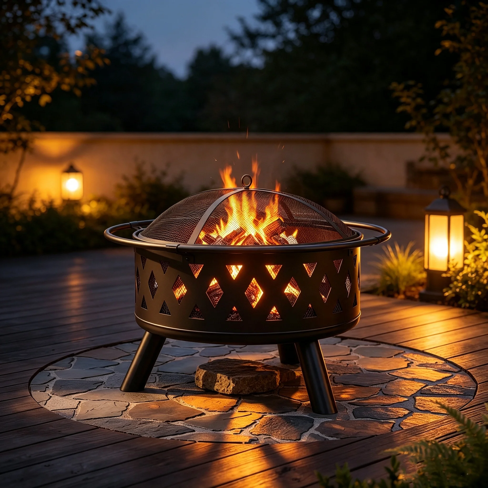 30in Round Diamond Cutout Wrought Iron Fire Pit Wood Burning with Hinged Spark Screen Lid Lift Ring Poker for Backyard Patio Garden Camping