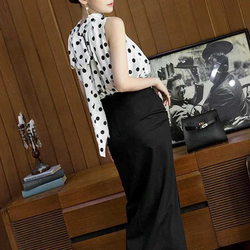 Ruffled White Polka Dot Printed Elegant Sleeveless Tops Blouses for Women Korean Fashion Lace Up Office Lady Loose Shirts E761