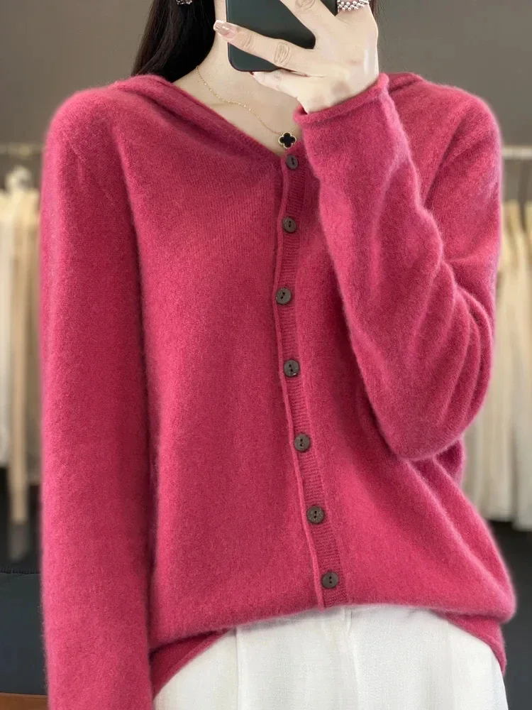 Long Sleeve Women Sweater Autumn Winter Casual Cardigan 100% Merino Wool Solid Hoodie Cashmere Knitwear Korean New Fashion Tops