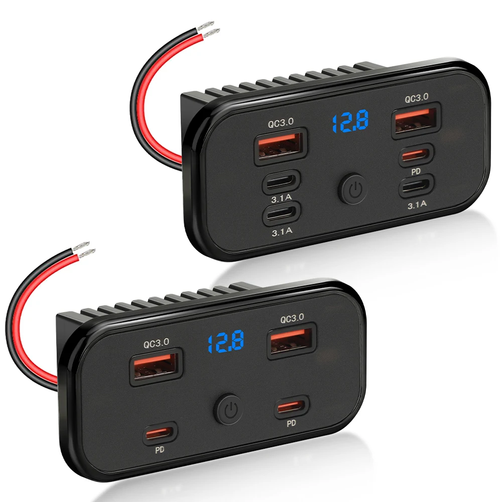 Upgraded 4-Ports 96W USB Outlet PD30W QC3.0 18W Car Charger Socket Adapter with Voltage Switch for Car RV Bus Marine Boat Truck