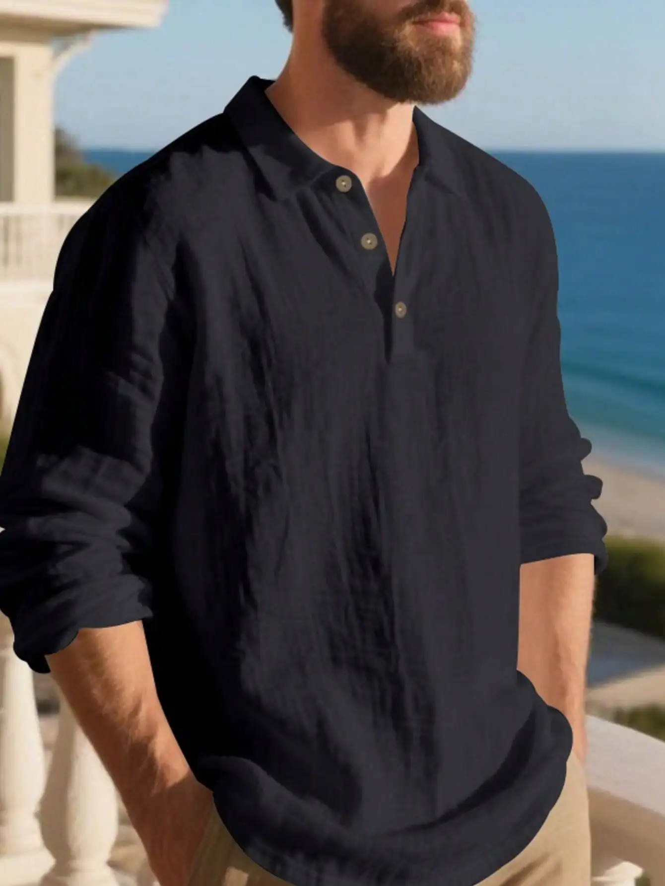 

Men's Navy Linen Long Sleeve Shirt, Half-Placket Button, Lightweight Casual Fit for Beach, Travel & Daily Wear