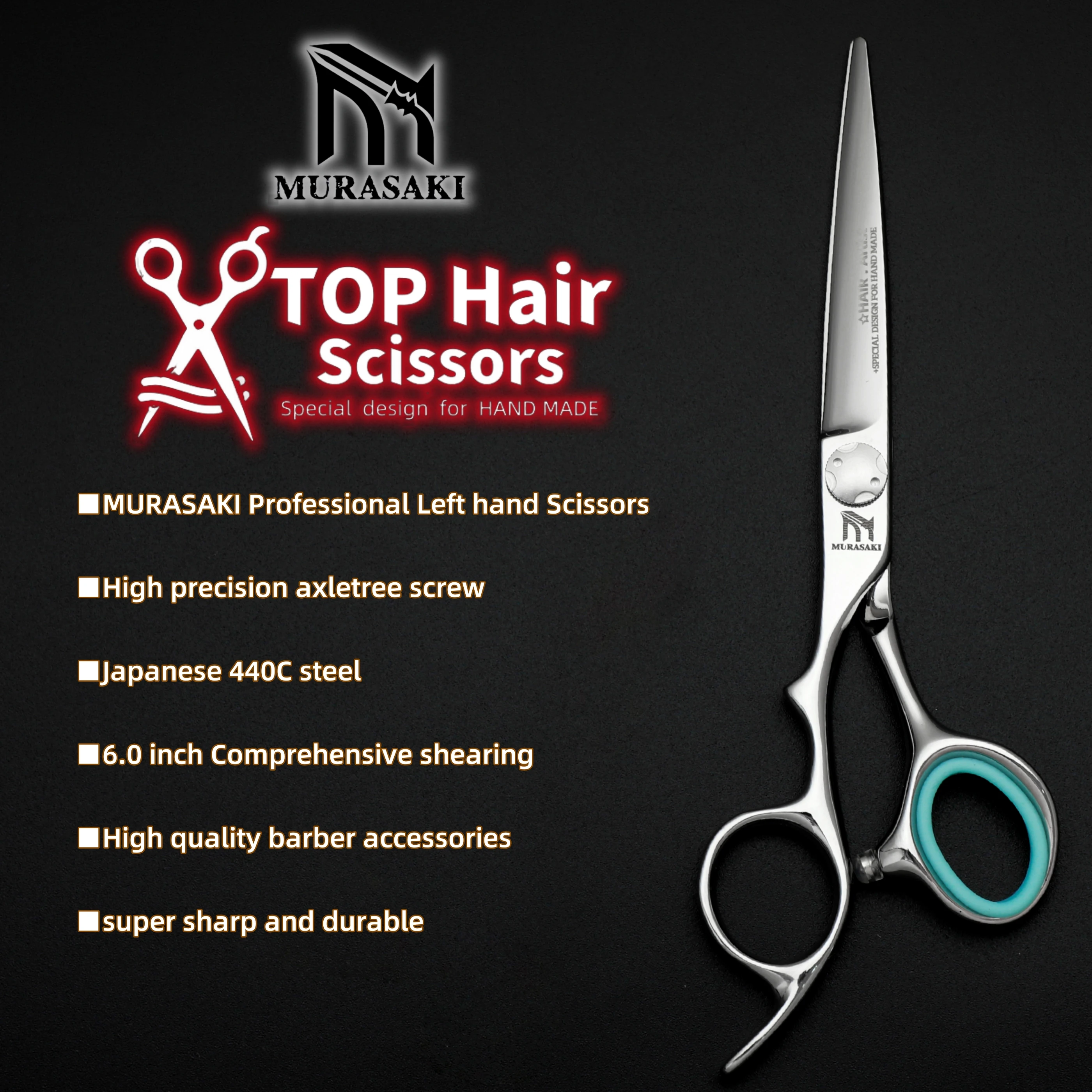 MURASAKI Left Hand Barber Scissors, 6.0 to 6.8 Inch Hair Cutting Scissors, Japan 440C Steel, High Quality Barbershop Accessories