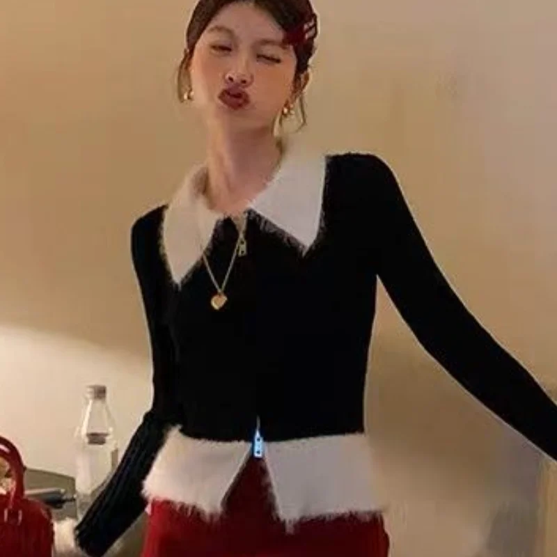 Pullovers Women Slim Fit Patchwork Design Zipper Temperament Korean Fashion Casual Style Daily Simple Cozy All-match Basic Sweet