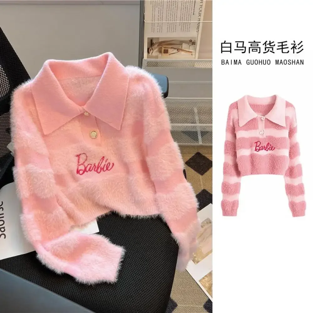 

Милый розовый свитер Барби Kawaii с воротником-поло, короткий стиль, нежные мягкие вязаные топы, осенние женские студенческие трендовые свитера, модные топы