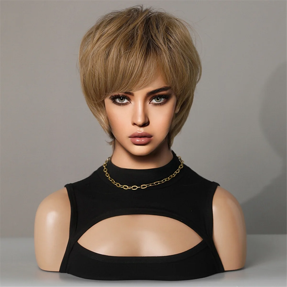 ABGN Golden Brown 26cm Wig Female Short Hair Unisex Whole Top Set of Chemical Fiber Hair Full Covering Short Hair
