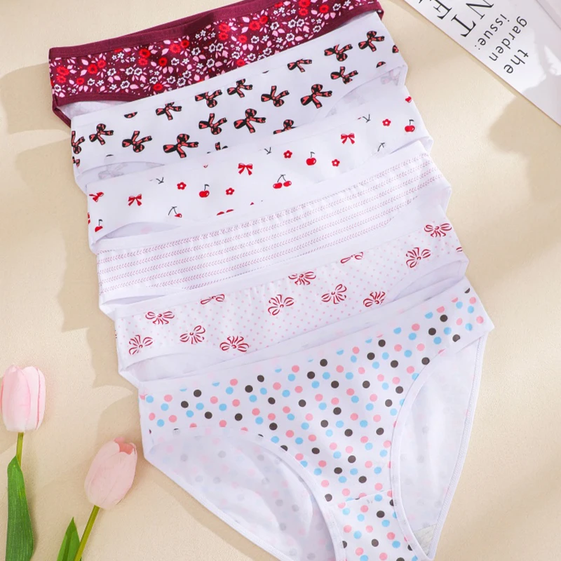 6pcs Soft Cotton Women Panties Sweet Floral Print Briefs Breathable Mid Rise Underwear Female Lingerie Cute Polka Dot Knickers