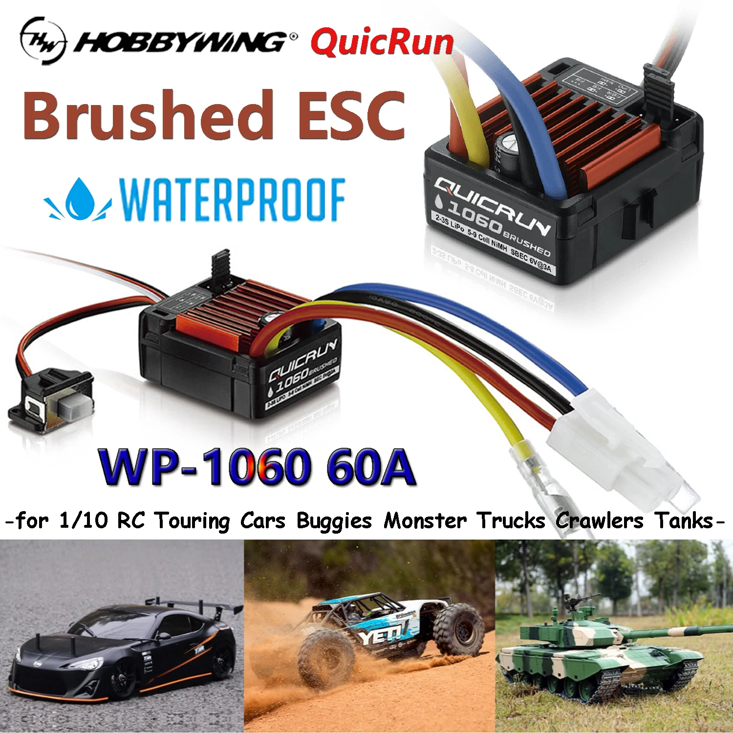 

HobbyWing QuicRun WP-1060 60A Brushed Electronic Speed Controller ESC Waterproof 2-3S LiPo For 1/10 RC Crawler Buggy Truck Cars