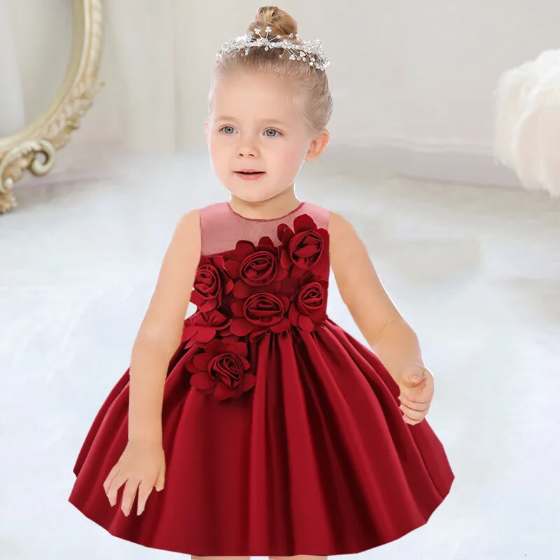 Baby Girl First Birthday Party Dress 12 Month Newborn Kids Rose Flower Tulle Tutu Clothes Infant Pageant Princess Costume