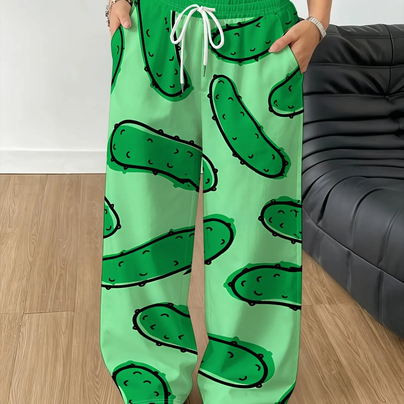 New Cucumber Pattern 3D Printed women's wide leg sports pants with drawstring loose straight tube Y2K streetwear women's pants