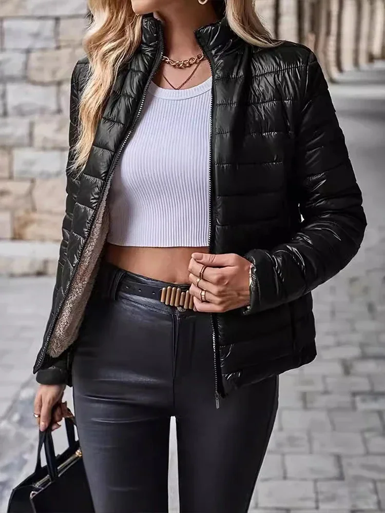 Jednobarevná štíhlá dámská bunda s krátkými kapsami v korejském stylu, teplá stojáček, dámské bundy, podzimní ležérní módní dámské oblečení - náhled 5