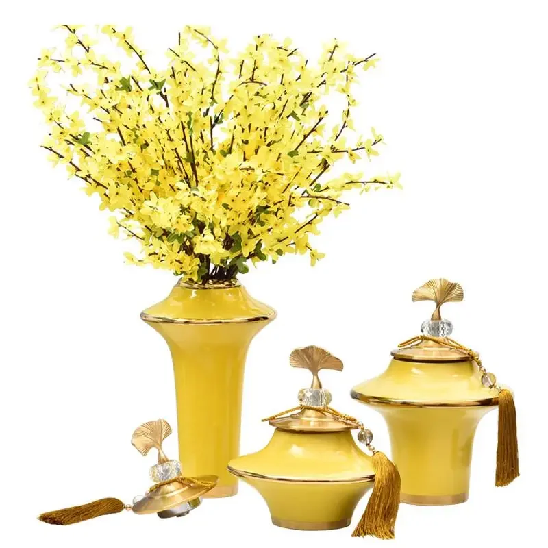 Vase en céramique plaqué or jaune Ginkgo Biloba, couvercle en cuivre,