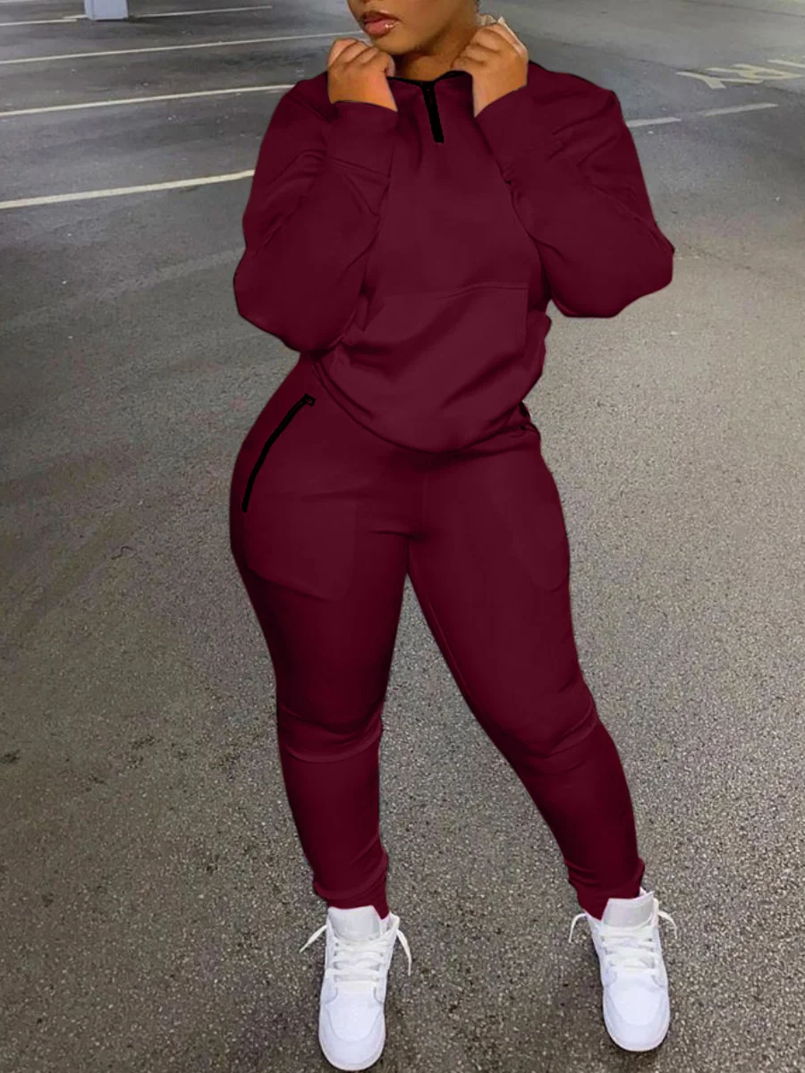 LW BASICS Kangaroo Pocket Zipper Design Tracksuit Set Women's High Waist Two Piece Set Streetwear Vintage Tracksuit