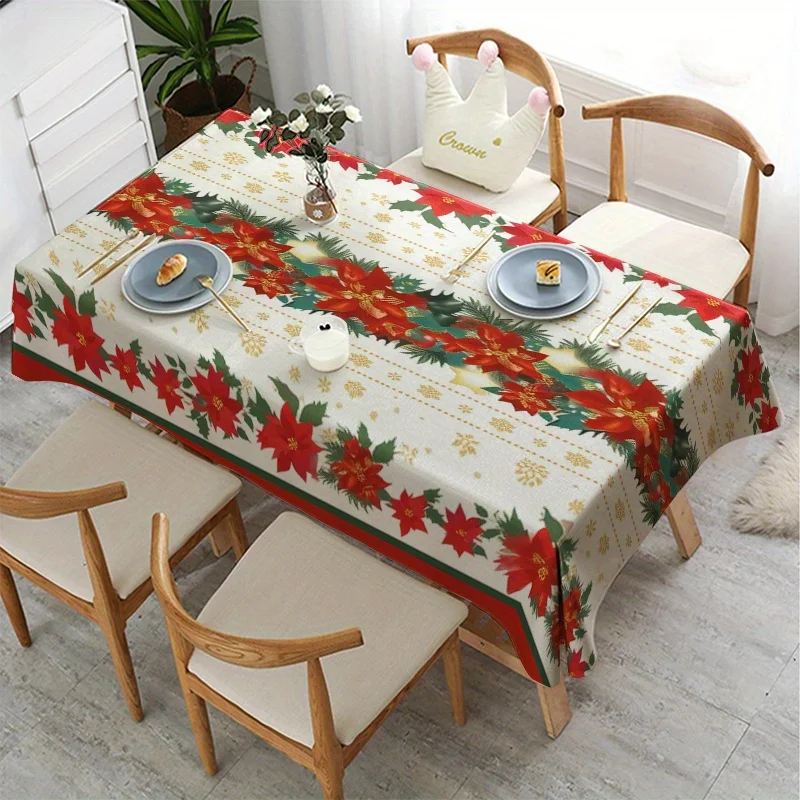 Christmas Poinsettias Holly Berry Snowflakes Tablecloth for Table Decor Winter Kitchen Dining Table Cloth Christmas Decorations