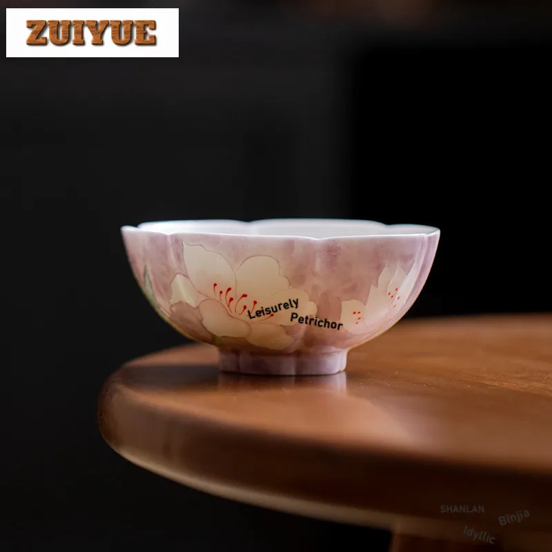 105ml Hand-painted Lily Teacup Handmade Tea Bowl Tea Pair Tea-tasting Meditation Cup Chazhan Master Cups Tea Items Collection