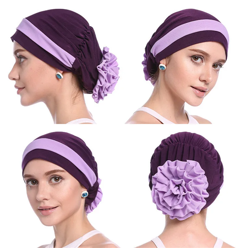 New Hot Pure Color Silk Pan Flower Hat Muslim Stretch Toe Cap Dubai Arab Women's Flower Hat Turban Beanie Fashion