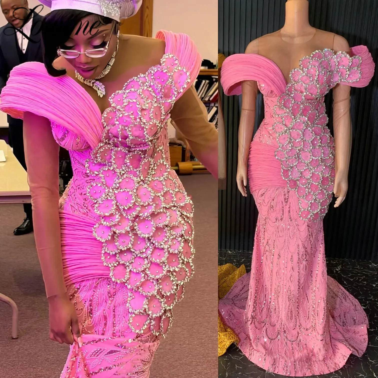 

Aso Ebi Nigeria Pink Mermaid Prom Dresses for Black Girls Customized Crystals Beaded Formal Birthday Engagement Party Gowns