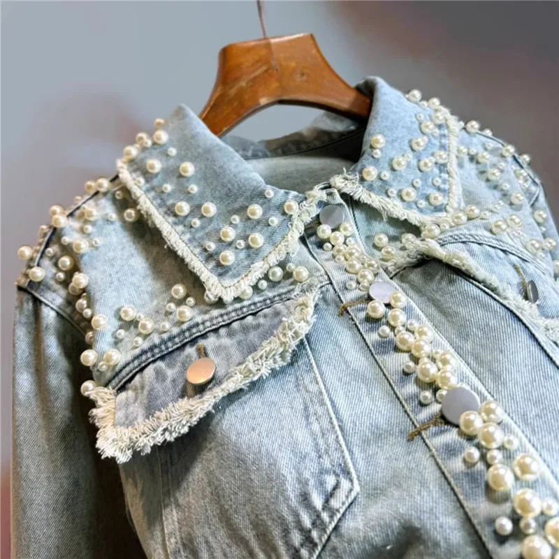 

Autumn Women Vintage Light Blue Short Denim Jacket Pearl Beading Frayed Burrs Pocket Long Sleeve Jeans Jacket Coat Streetwear