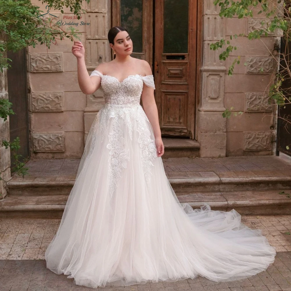 

Classic Off Shoulder A-Line Wedding Dresses Plus Size Sweetheart Neck Bride Gowns Appliques Floor Length Tulle Robe De Mariee