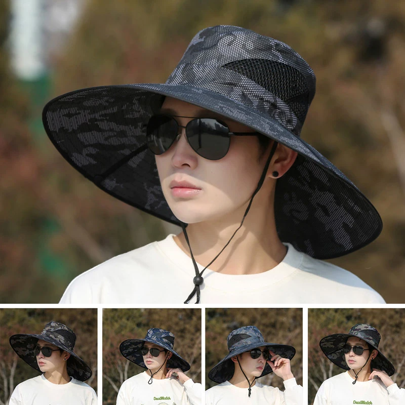 Fisherman's Camouflage Basin Net Hat Outdoor Mountaineering UV Protection Wind Proof Breathable Sun Shading Printing Men Women