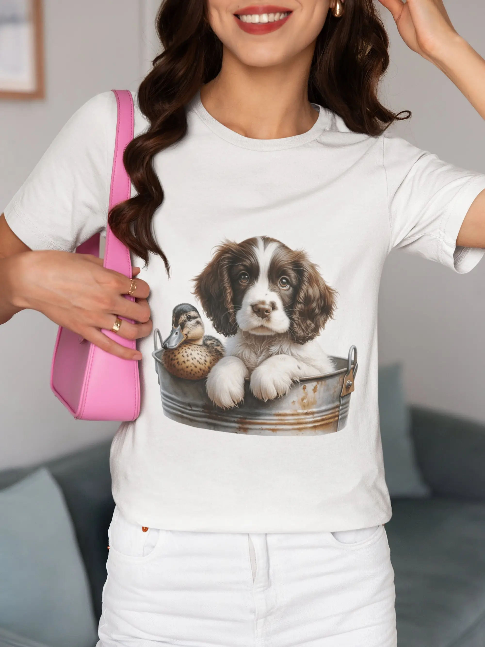 Adorable Springer Spaniel Puppy Duck Art T Shirt Animal Lovers Cute Pet Illustration Unique Casual