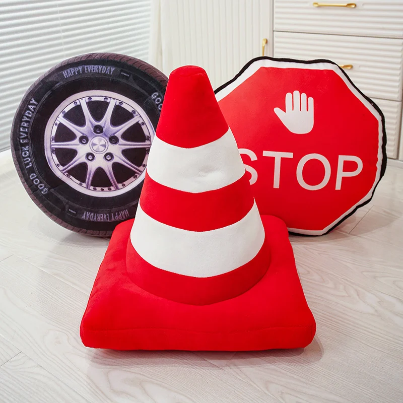 Plush Traffic Pillow,Stuffed Car Tyre Roadblock Signal Lamp STOP Transportation Sign Cushion Decor Plushie Children's Room Decor