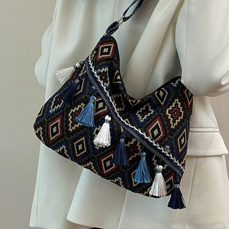 

Spring Summer New Women Ethnic Vintage Shoulder Bag Chinese Style Tassel Large Capacity Casual Crossbody Handbag For Daily