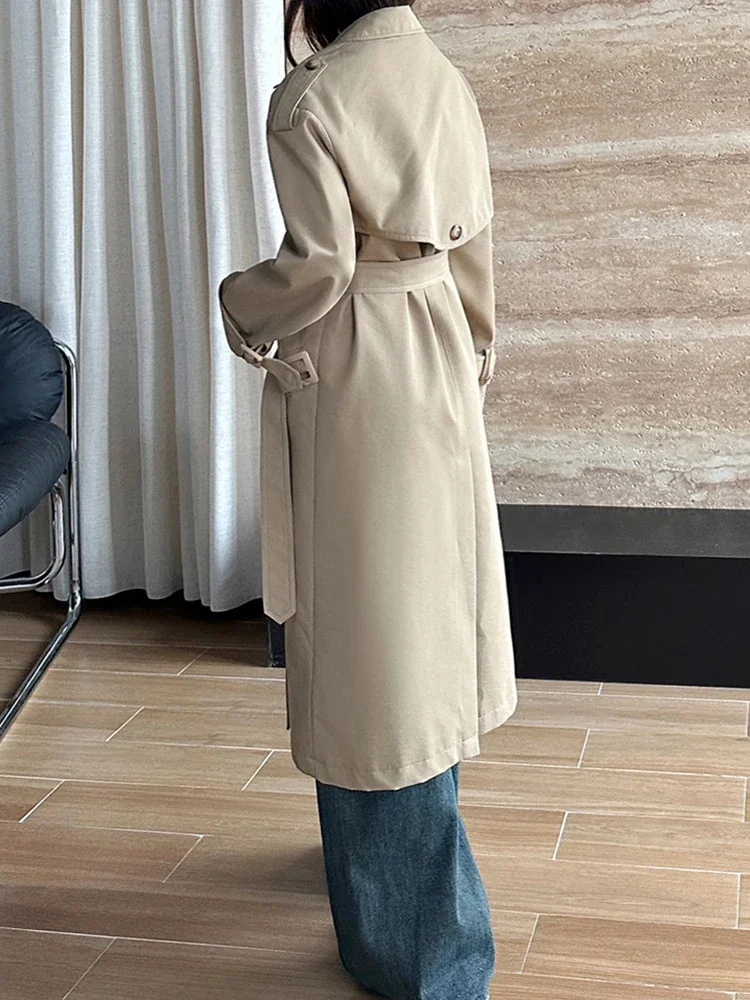 

Office Lady Belt Long Trench Coat Women Lapel Double Breasted Gathered Waist Windbreaker Fashion 2025 New 2VV214