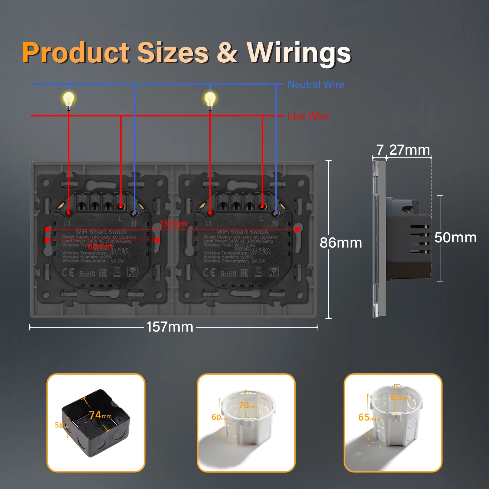 BSEED WIFI Click Switches Series 1/2/3/4Gang Wall Smart Light Switches Yellow Backlight Glass Frame Tuya APP Switch EU Standard
