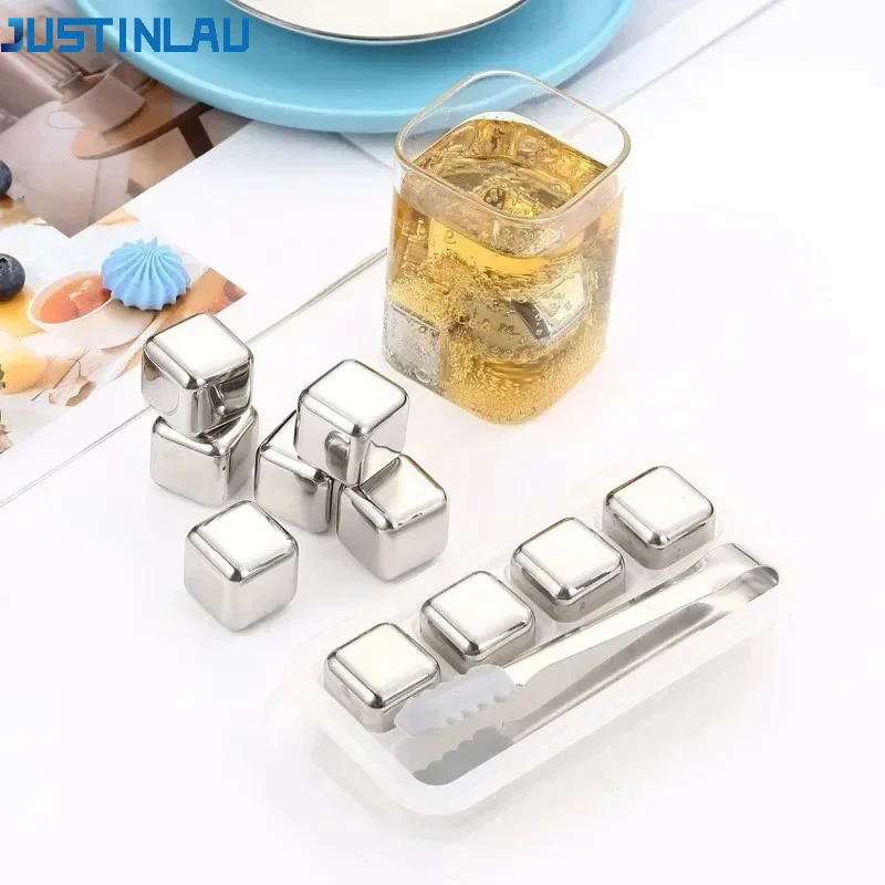 JUSTINLAU - Juego de 4/8 Piedras Enfriadoras de Whisky, Acero Inoxidable 304, Reutilizables, Enfriamiento Rápido, para Cerveza, Refrescos, Bar, Fiestas