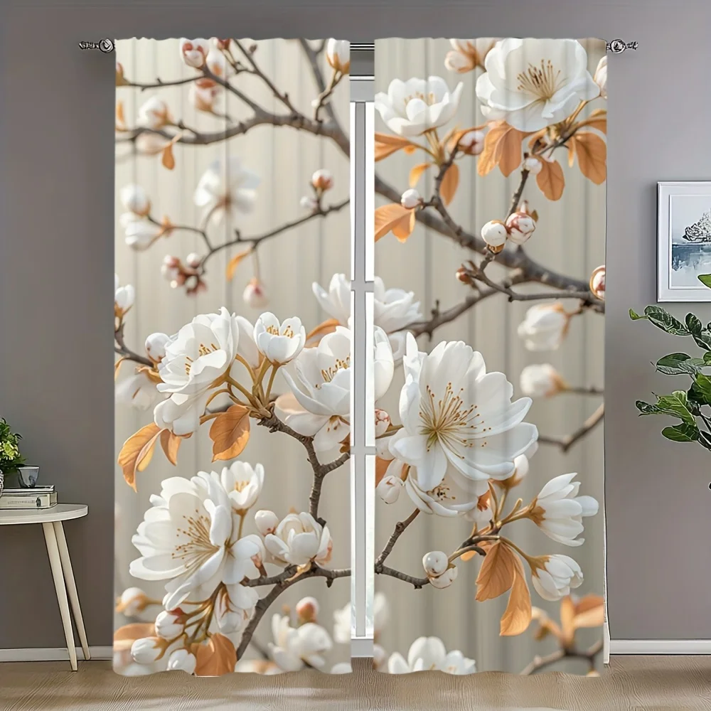 2-teilige Vorhänge mit Blumenmuster – weiße und pfirsichfarbene Blumen auf Zweigen, Vintage-Stil, perfekt für Wohnzimmer, Büro, Schlafzimmer