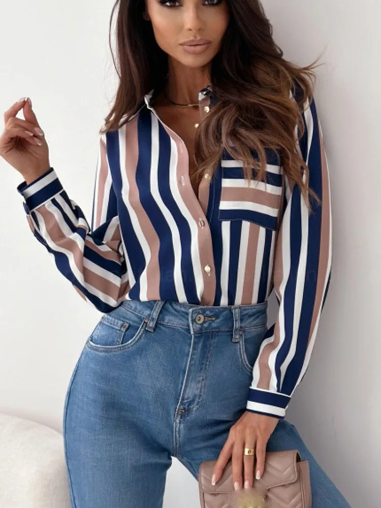 Fashion Print Stripe Women\'s Shirts Vintage Lapel Long Sleeve Female Blouses Shirts Spring Office Lady Streetwear Tops Women New