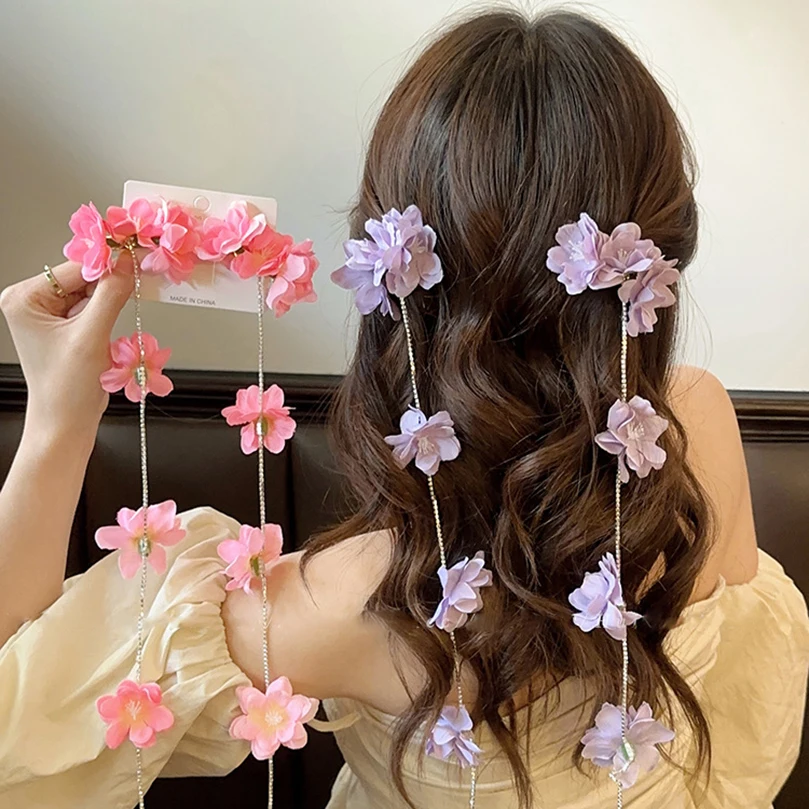 2 Pcs Cute Little Flower Braid Hair Clip Chain Flower Hairpin Summer Side Tassels Invisible Long Tassel Hair Accessories