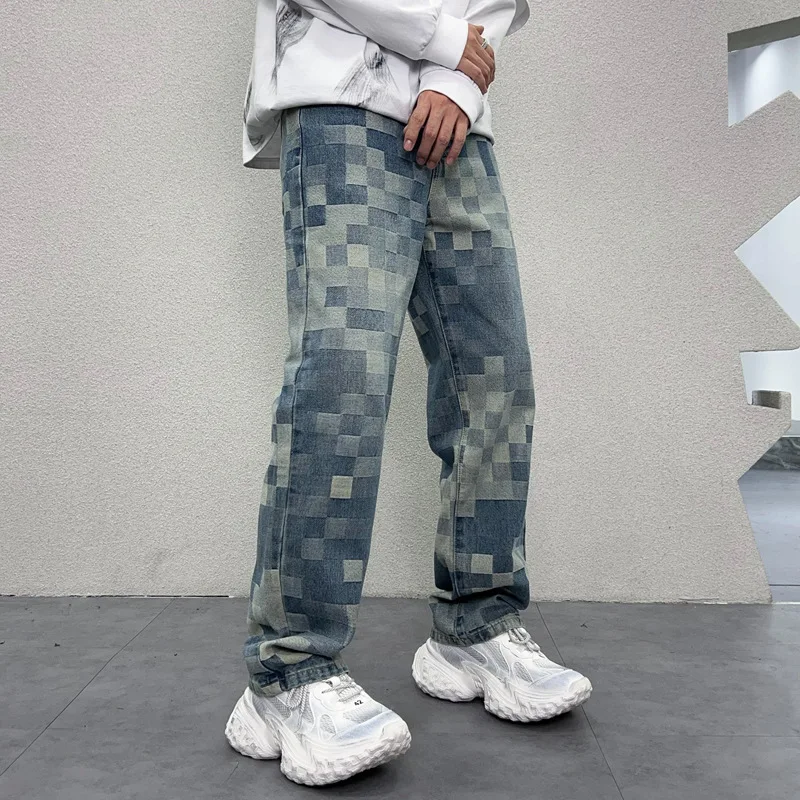 

Light luxury mosaic fashionable printed design jeans men's fashionable retro loose straight mop wide leg leisure denim trousers