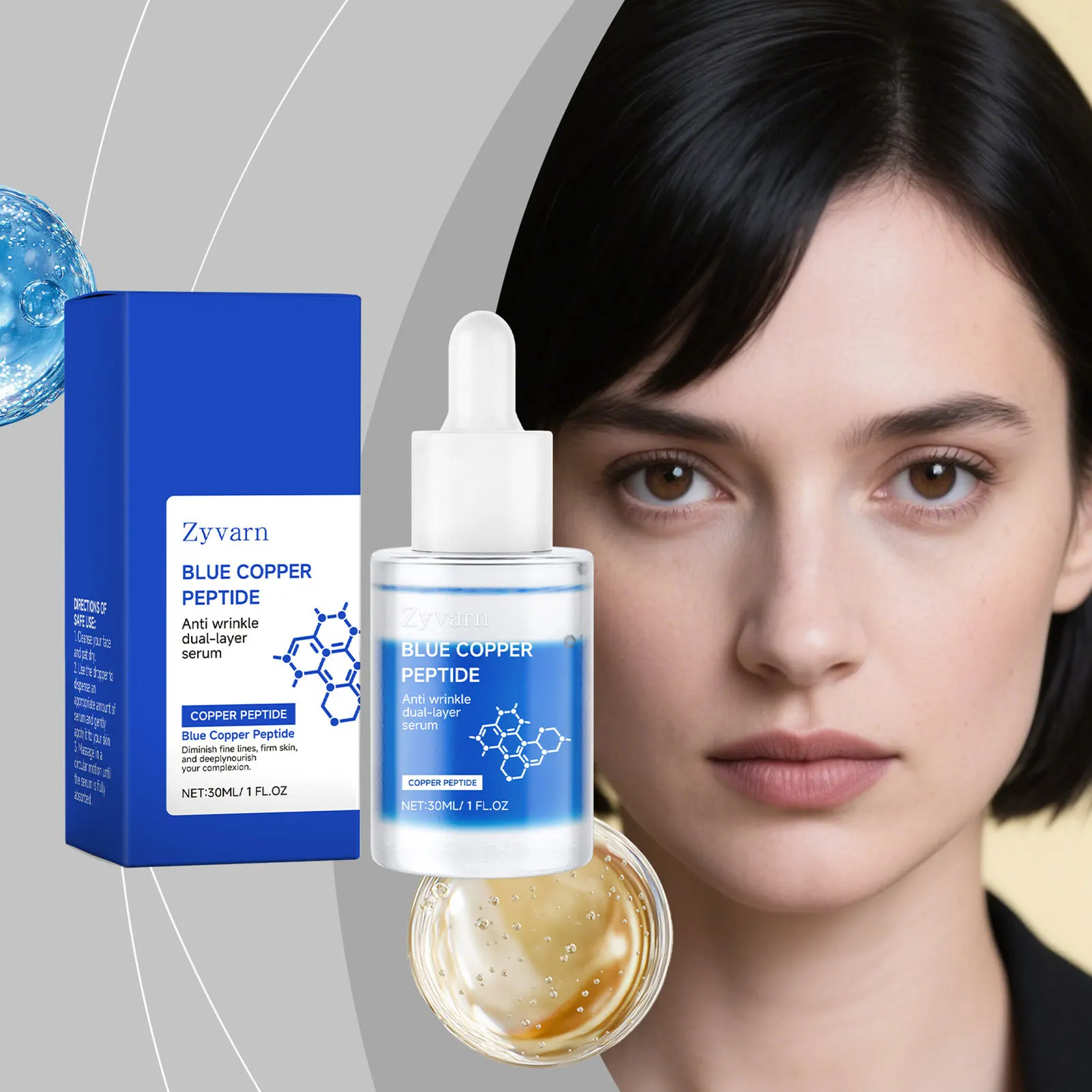 Suero Facial de Doble Capa con Péptidos de Cobre Azul de 30 ml, Antiarrugas, Antienvejecimiento, Hidratante, Suaviza las Arrugas, Líneas Finas y la Piel Opaca