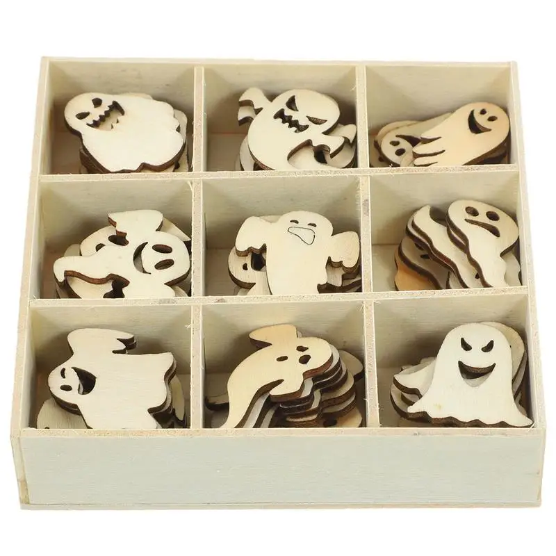 72Pcs Halloween Ghost Pumpkin Bat Spider Witch Hat Decoration Blank Wood Chip Can Be Painted Nine Squares Box Halloween Decors