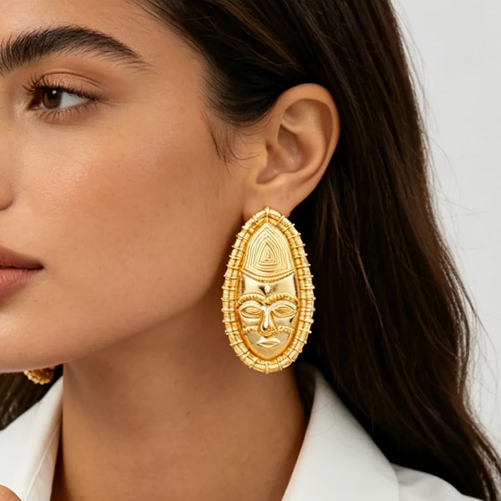 Damen-Set aus 18K vergoldeten afrikanischen Tribal-Masken-Ohrringen und -Ring, ethnischer Statement-Schmuck, Geschenk für Party und Hochzeit – Detail 6
