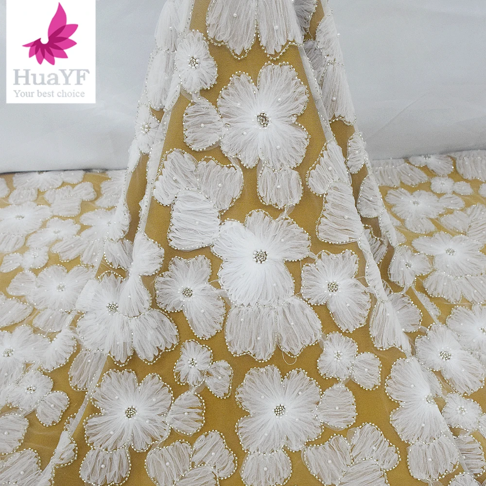 

1 yard Hot sale Pure White Coiling Embroidery With Beads Applique 3D Flower Tulle Nigerian Lace Fabrics For Bridal HY2365