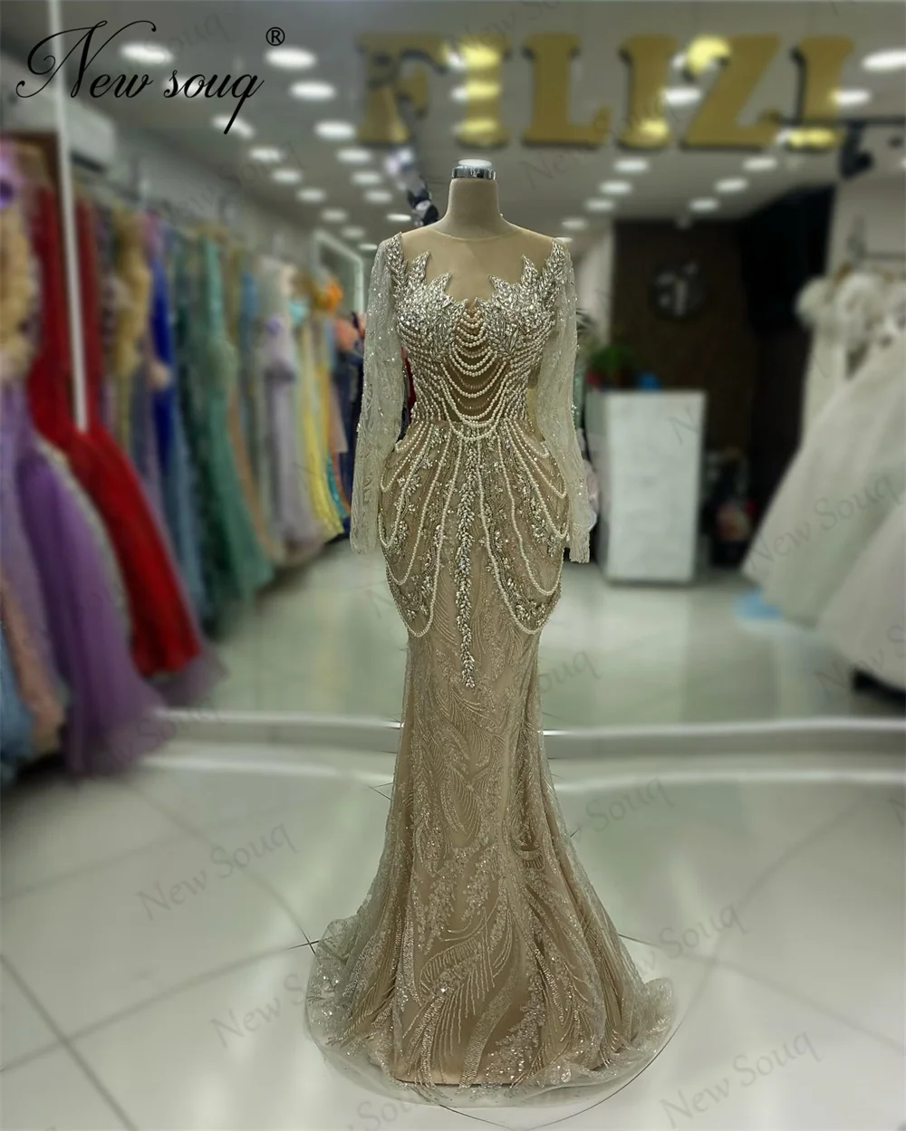 haute Coutures Champagne Mermaid Evening Dresses Arabic Dubai Long Sleeves Pearls Wedding Party Dress Engagement Gowns Custom