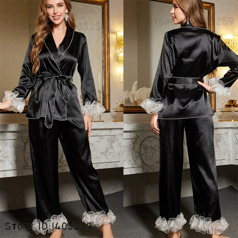 Women Pajamaas 2-Piece Set Fashion Ics Silk Home Clothes Long Sleeve Cardigan Trouser Pijamas Suits Loose Sleepwear Lounge Wear