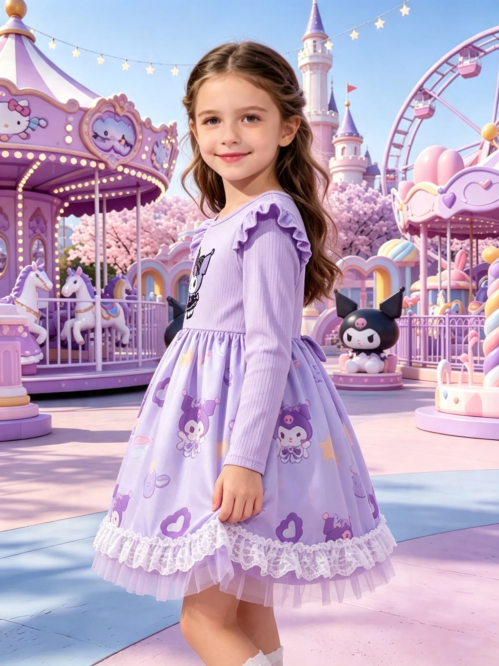 Girls' Kuromi Long Sleeve Mesh Princess Dress, Light Purple Flutter Sleeve Cartoon Print Lace Trim Kids Spring Autumn Dress