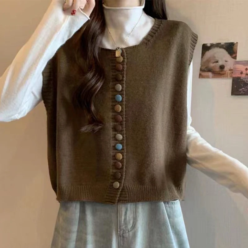 Autumn And Winter New Color Button Round Neck Knitted Vest Women Loose Joker Sleeveless Sweater Vest