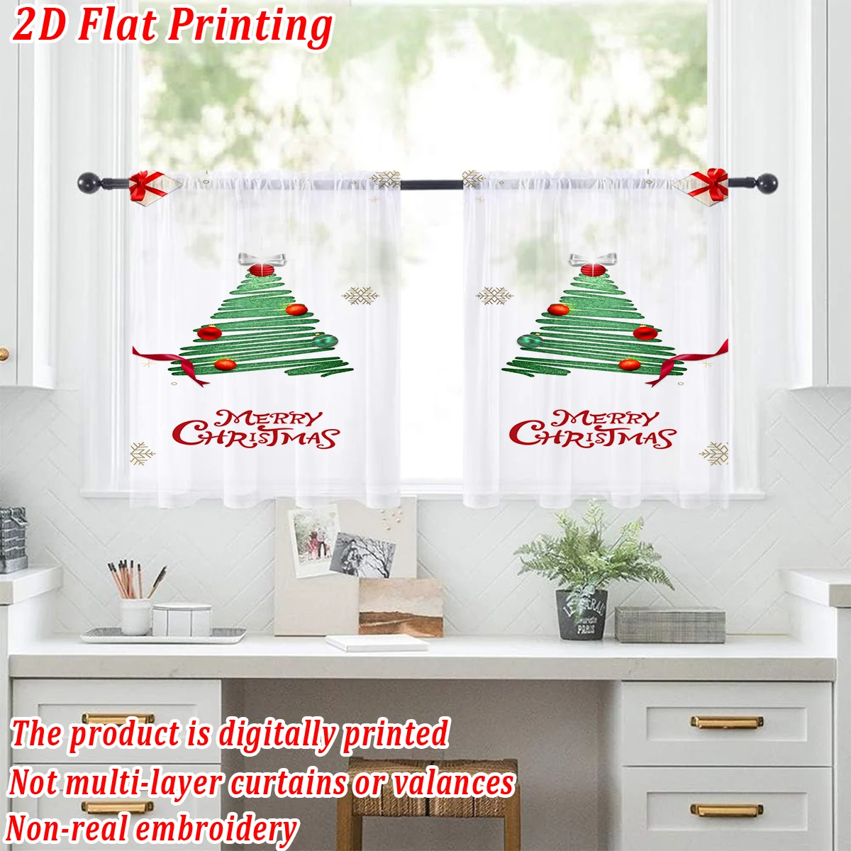 ستارة شفافة للمطبخ بطباعة مسطحة لعيد الميلاد مع صندوق هدايا ندفة الثلج لأشجار عيد الميلاد المجيد لحفلات ديكور المنزل