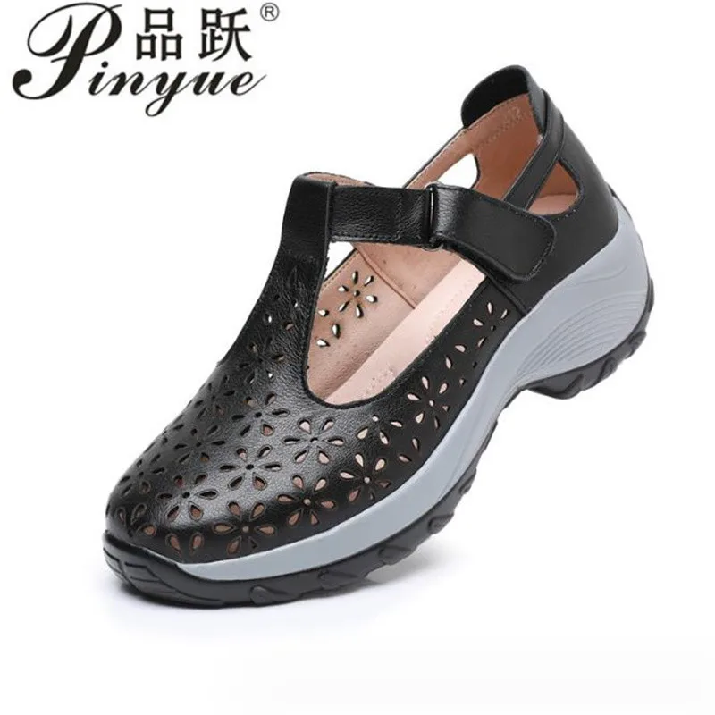 4cm Summer Genuine Leather Hollow Shoes Woman Sandals Casual Mother Wedges Soft Sole Comfortable Non-slip Sneakers  35 40