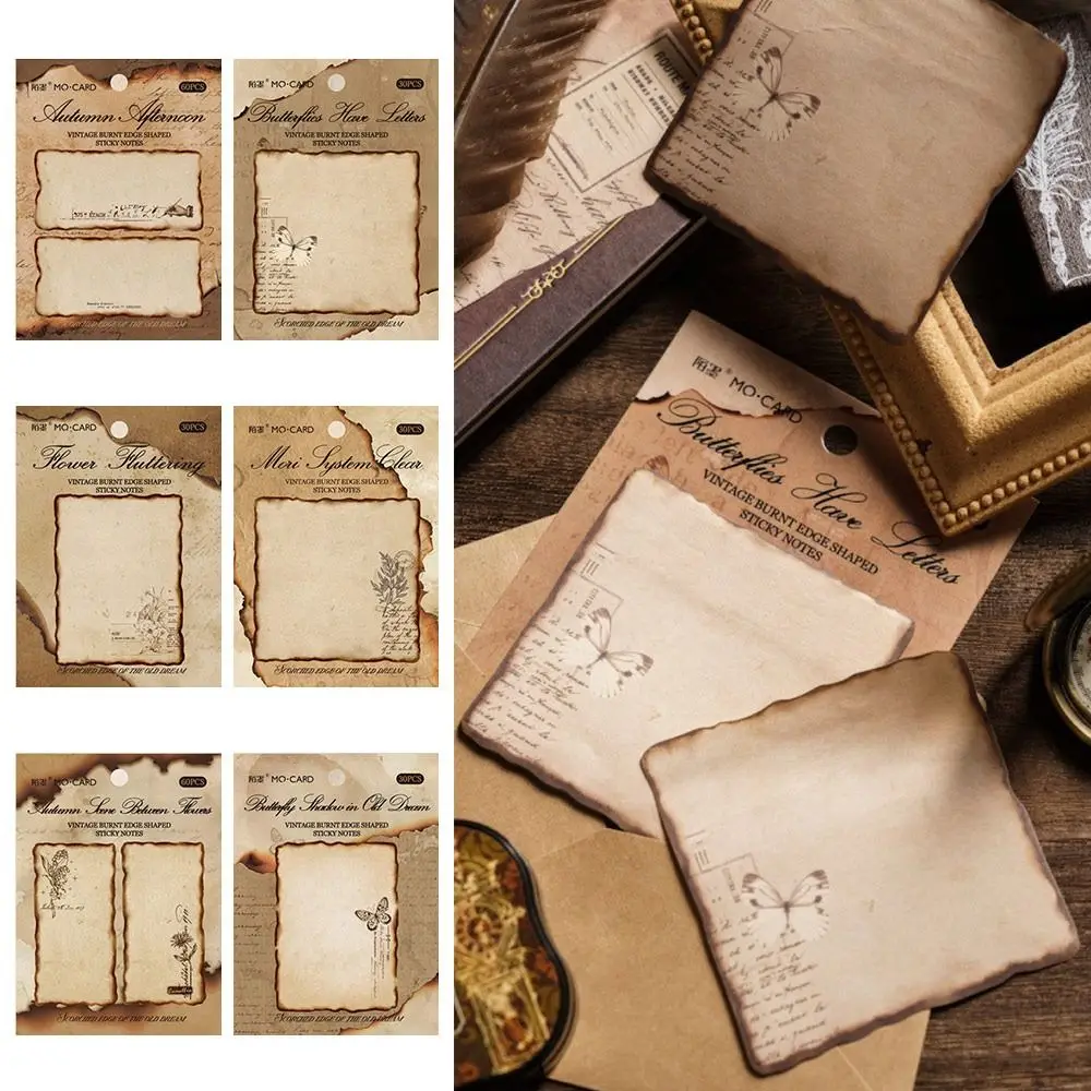 Fashion Vintage Burnt Series Sticky Notes Self-adhesive 60 Sheets Memo Pad Plant Pattern Blank Label Sticker Stationery