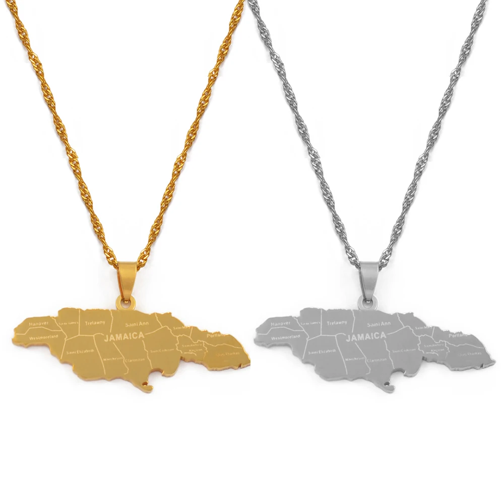 Anniyo Map of Jamaica With City Pendant Necklaces for Women Girls Stainless Steel Jamaica Maps Silver Color/Gold Color #071021