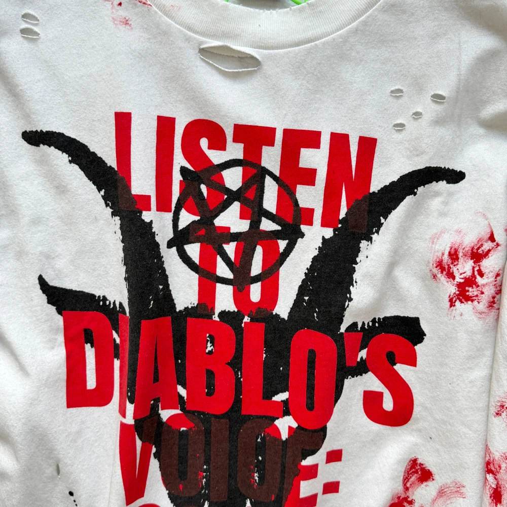 Y2k Streetwear Evil Demon Graphic T Shirts Hip Hop Street Style Cotton Retro Print Ripped Hole Casual Clothing Full Sleeved Tees