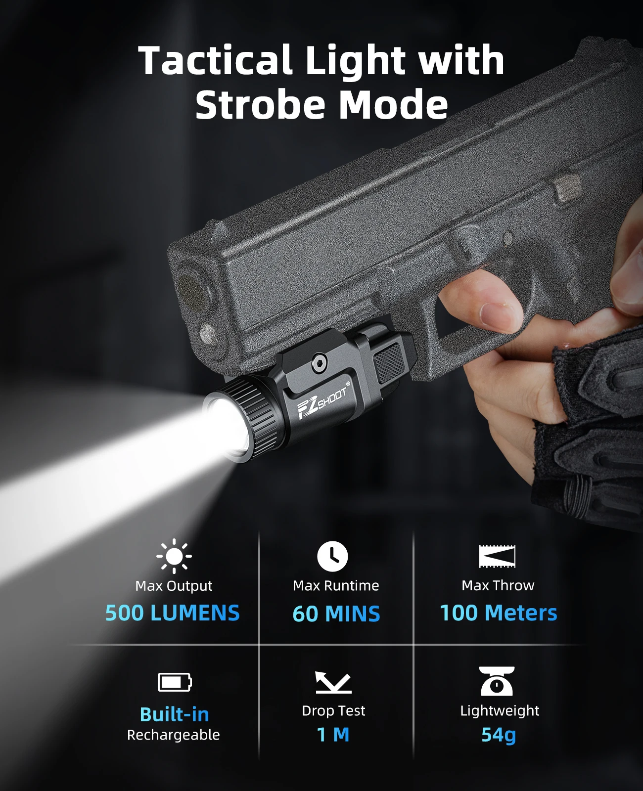 

EZshoot Flashlight 500 Lumens Compact LED Light Compatible with Pistol Picatinny and GL Rail Strobe Mode Aluminum for Hunting