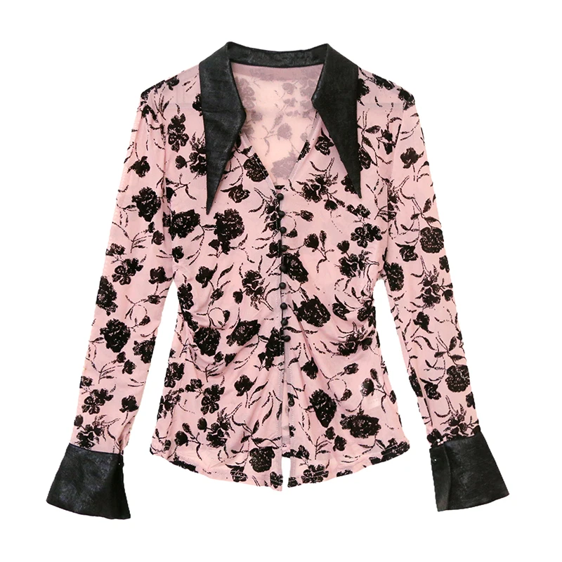 Stylowa bluzka polo damska: eleganckie koszulki z długim rękawem, z siateczki flokowanej, z falbankami, wyszczuplające i szykowne, idealne na wiosnę i jesień.